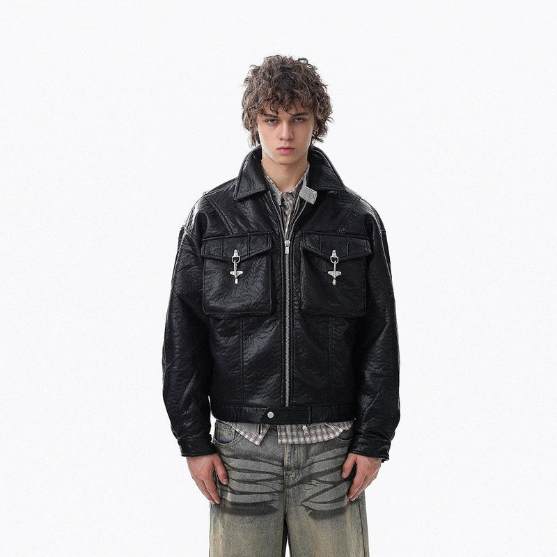 Embossed Pockets Textured PU Leather Jacket