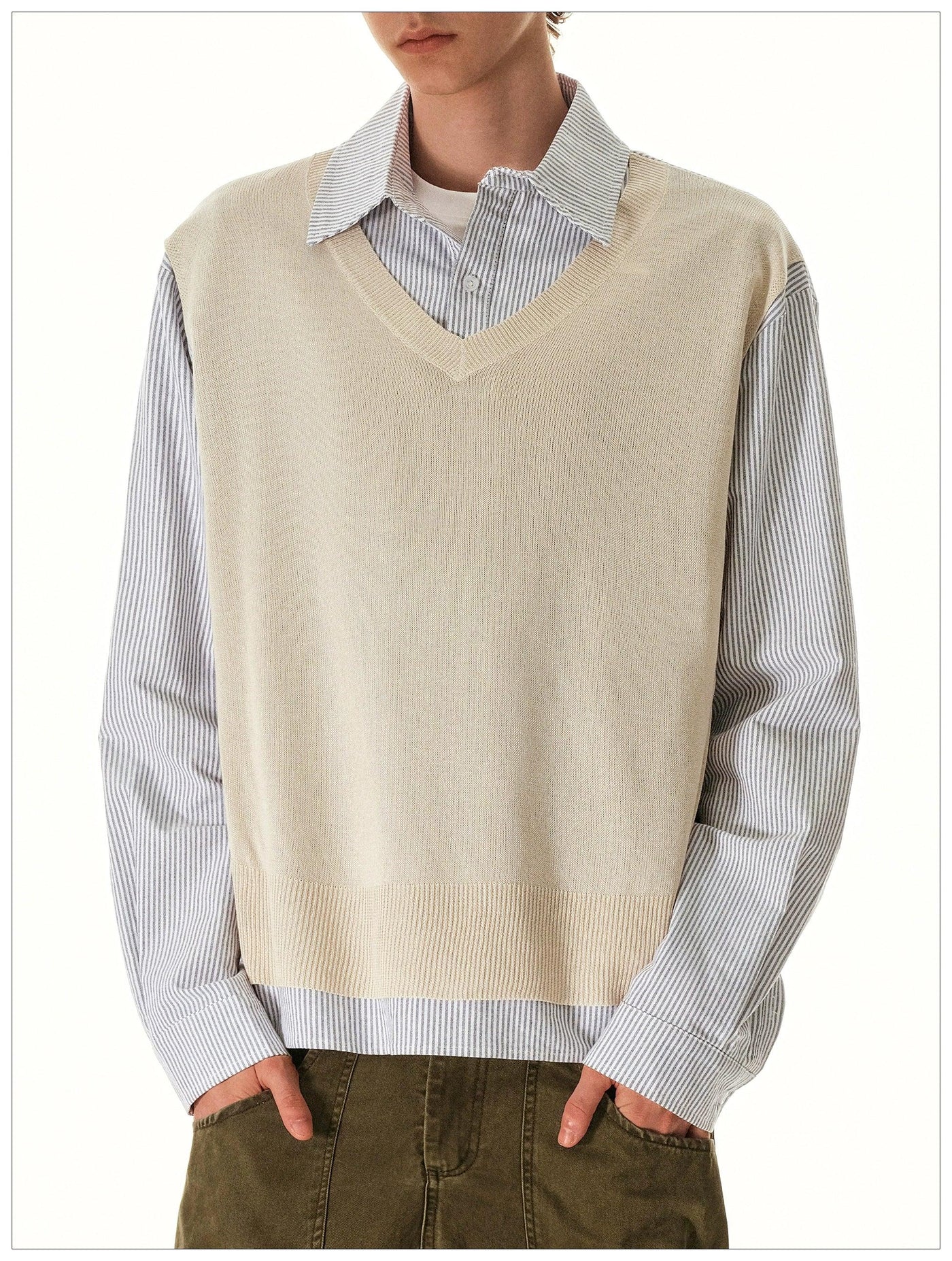 Knit Vest Layered Striped Shirt
