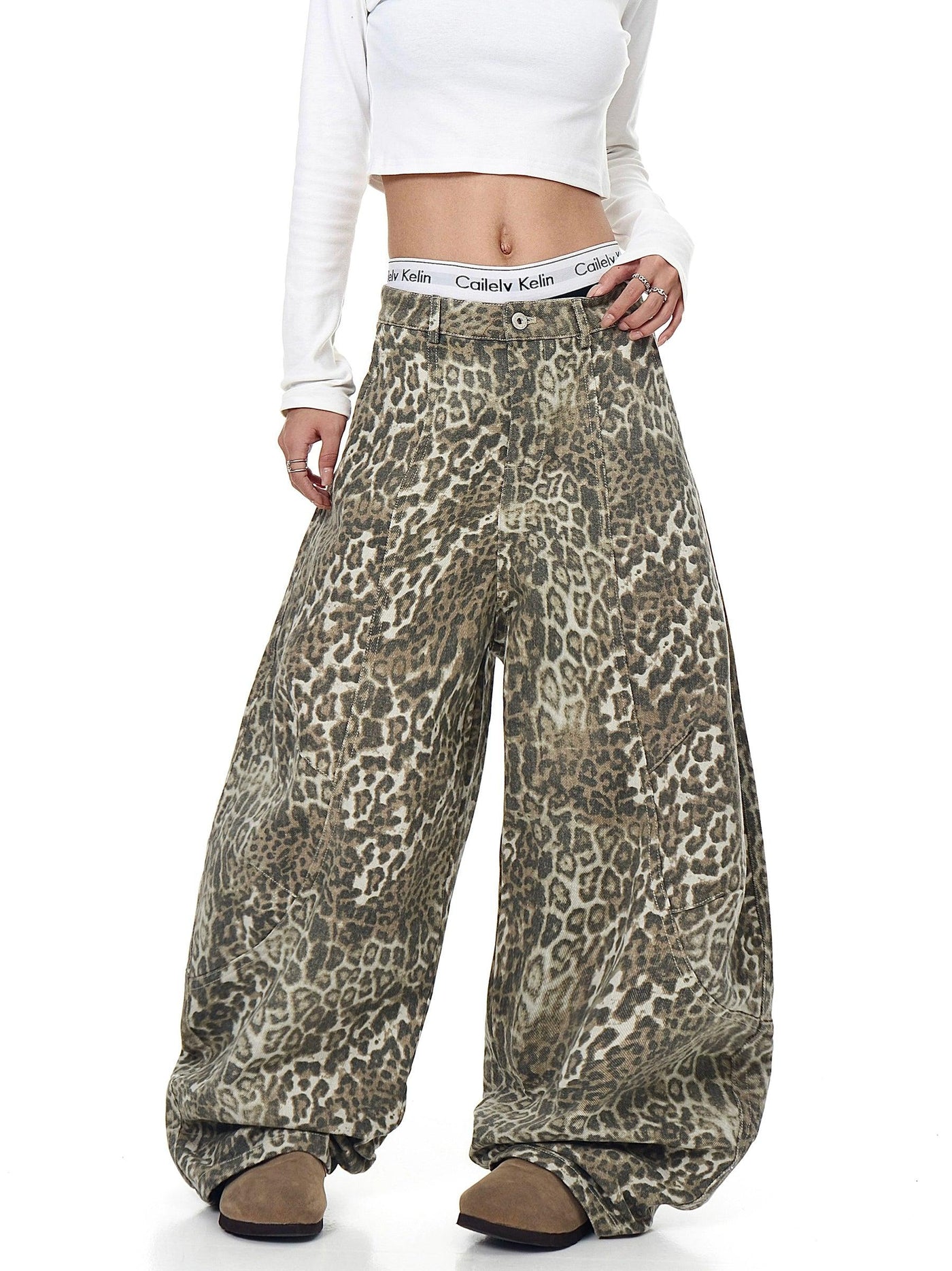 Structured Leopard Print Barrel Pants