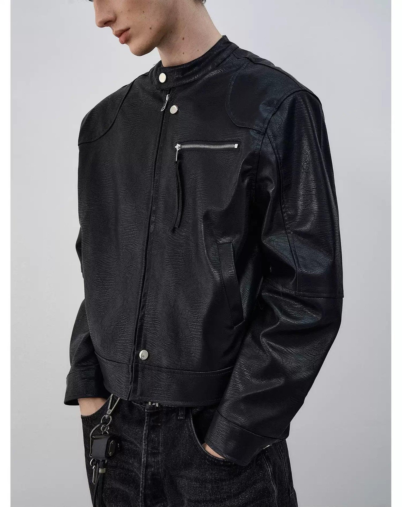 Textured Boxy Fit PU Leather Jacket
