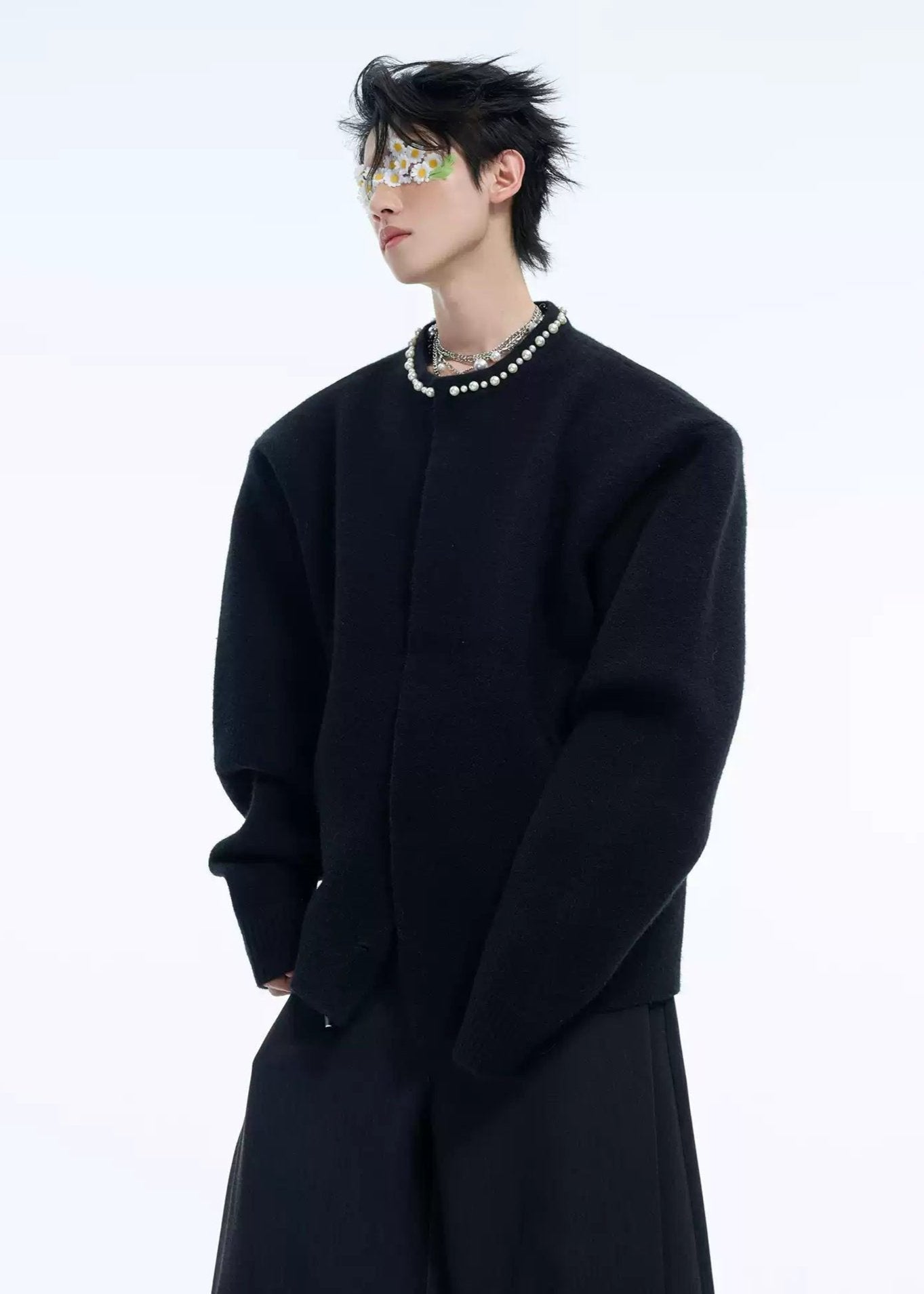 Pearled Necklace Plain Color Jacket