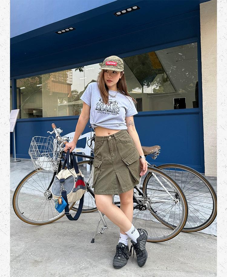 Multi-Pocket Cargo Denim Skirt