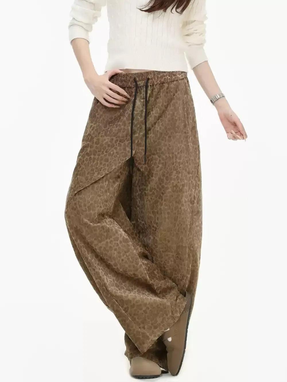 Drawstring Leopard Print Wide Pants