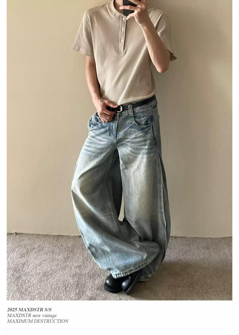 Whiskered Pleats Wide Leg Jeans