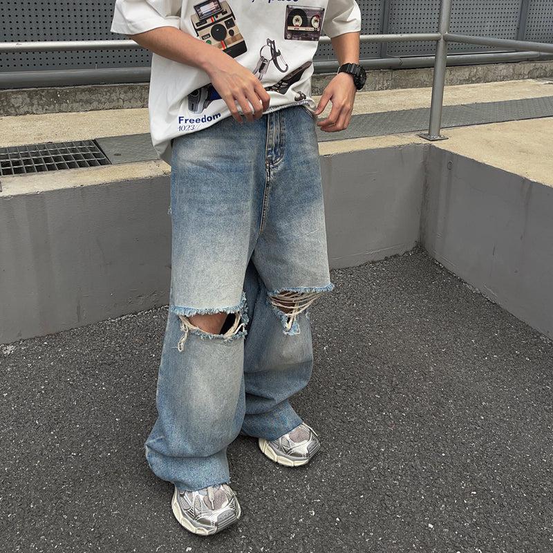 Washed Ripped Knee Wide Leg Jeans