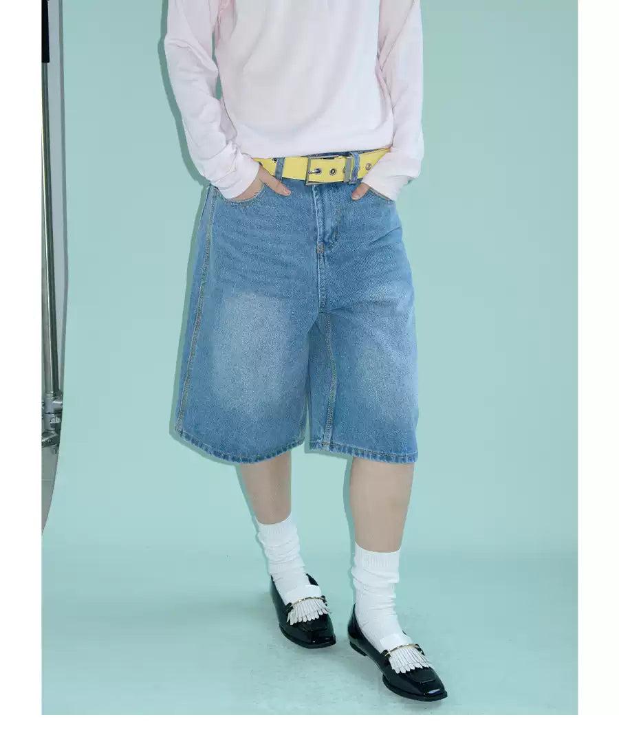 Wide Cut Faded Denim Shorts