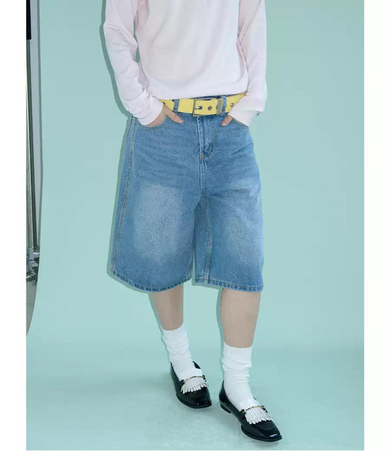 Wide Cut Faded Denim Shorts