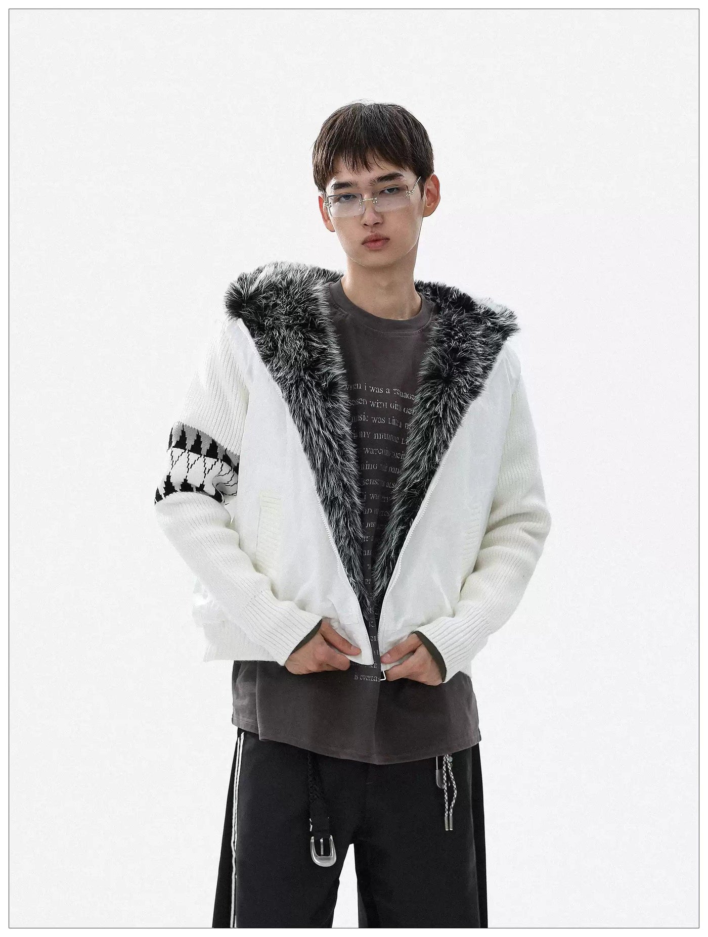 Fur-Trim Spliced Detail Padded Jacket