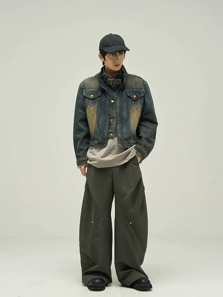 Frayed Hem Strap Faded Moto Denim Jacket