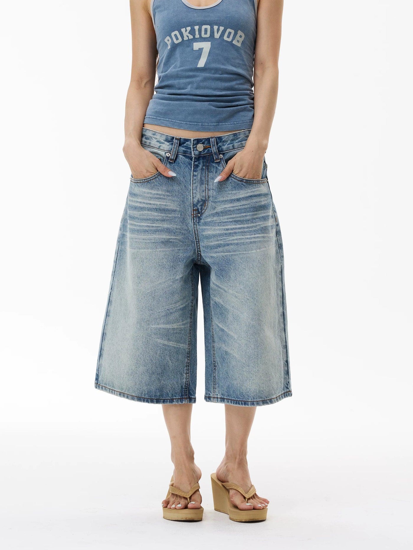Washed Distressed Denim Shorts