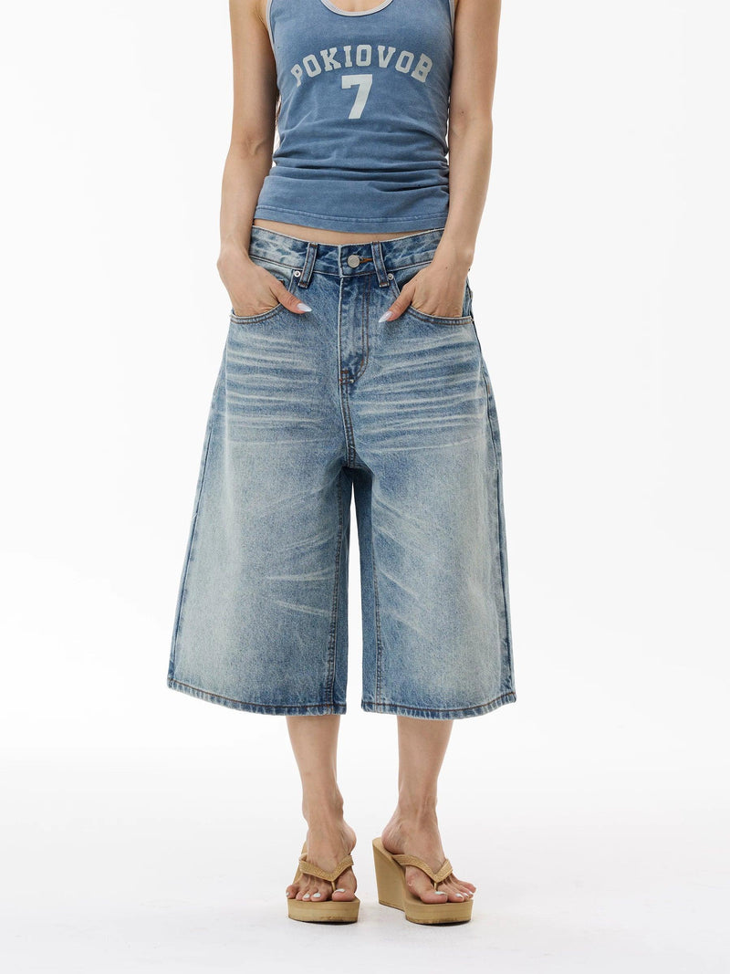 Washed Distressed Denim Shorts