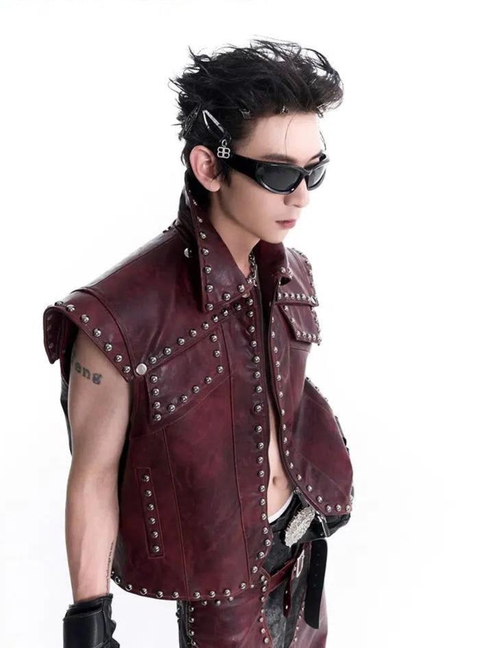 Structured Metal Rivet PU Leather Vest & Spliced Pants Set