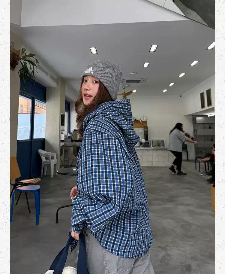 Plaid Pocket Buttoned Hoodie