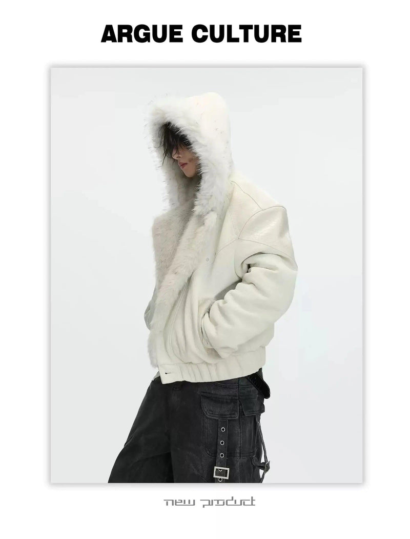 Faux Fur Hood Textured Spliced Jacket