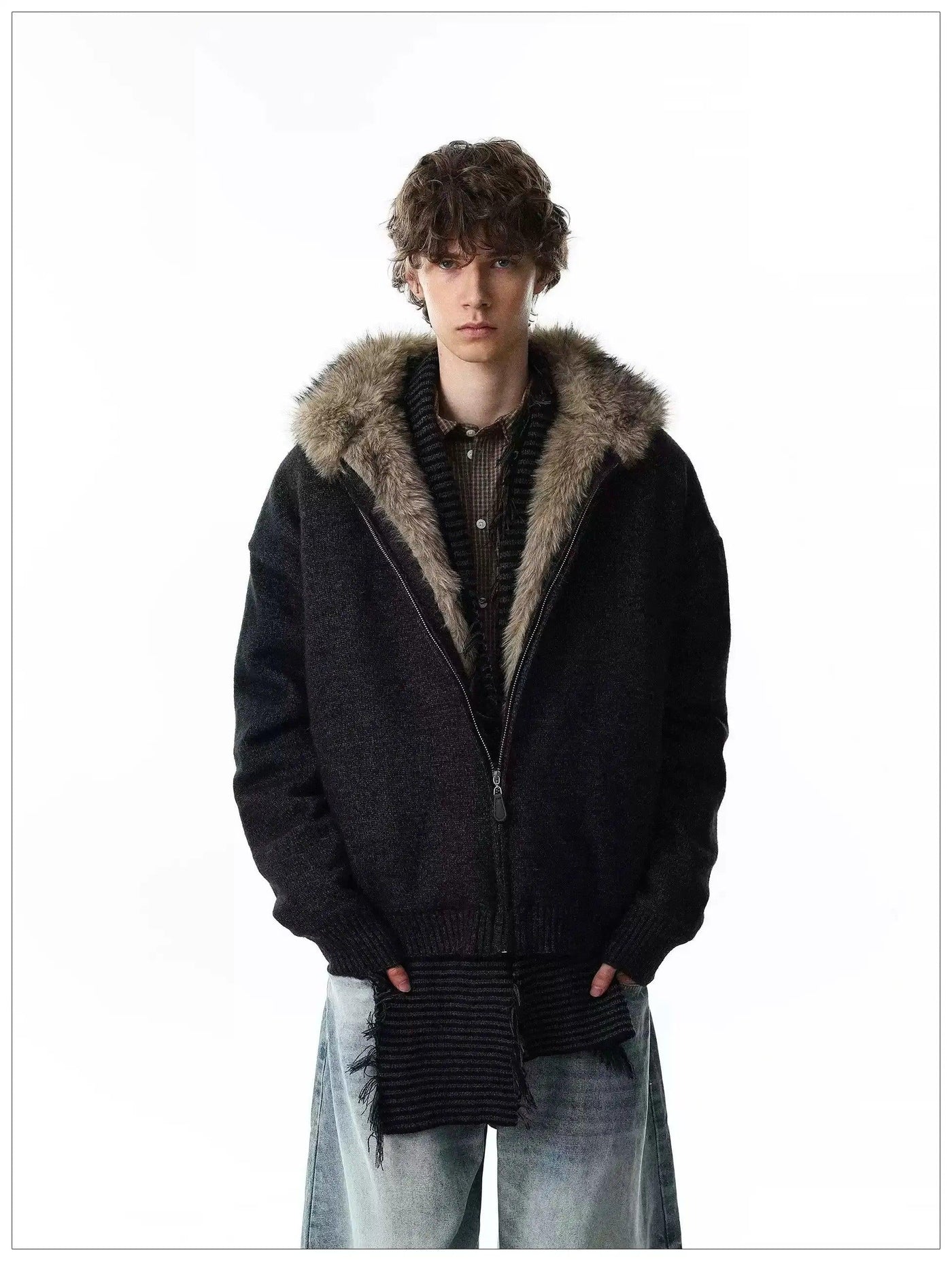 Faux Fur Lined Hooded Knit Jacket