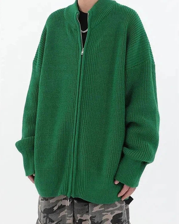 Stand Collar Loose Knitted Zip-Up Jacket