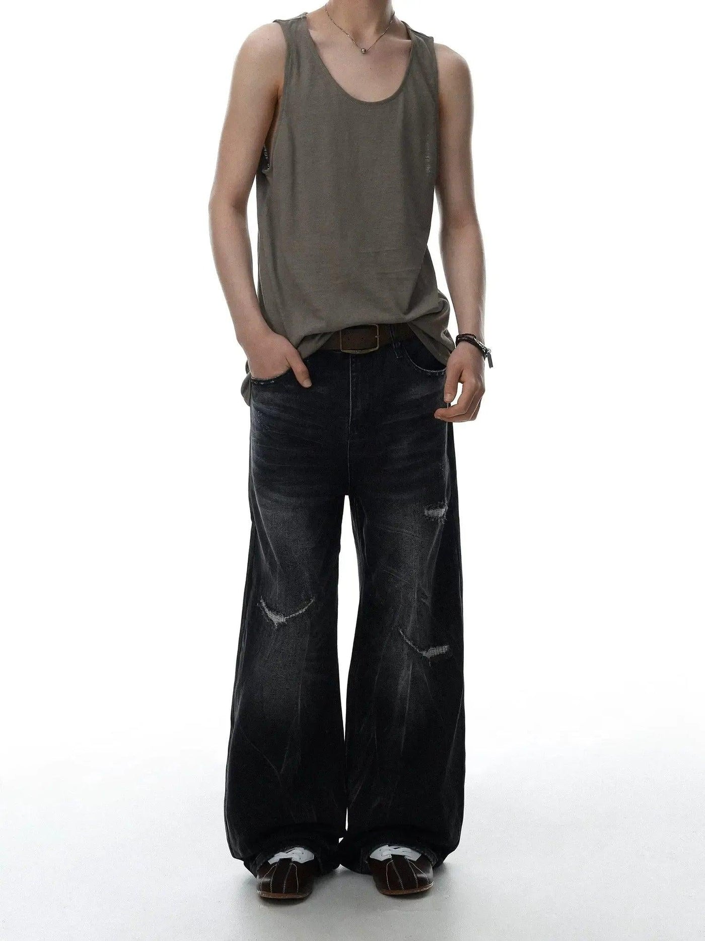 Distressed Washed Wide Leg Jeans