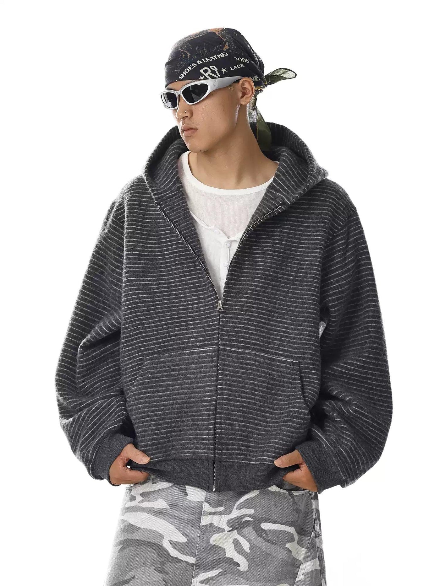 Striped Boxy Fit Zip-Up Hoodie