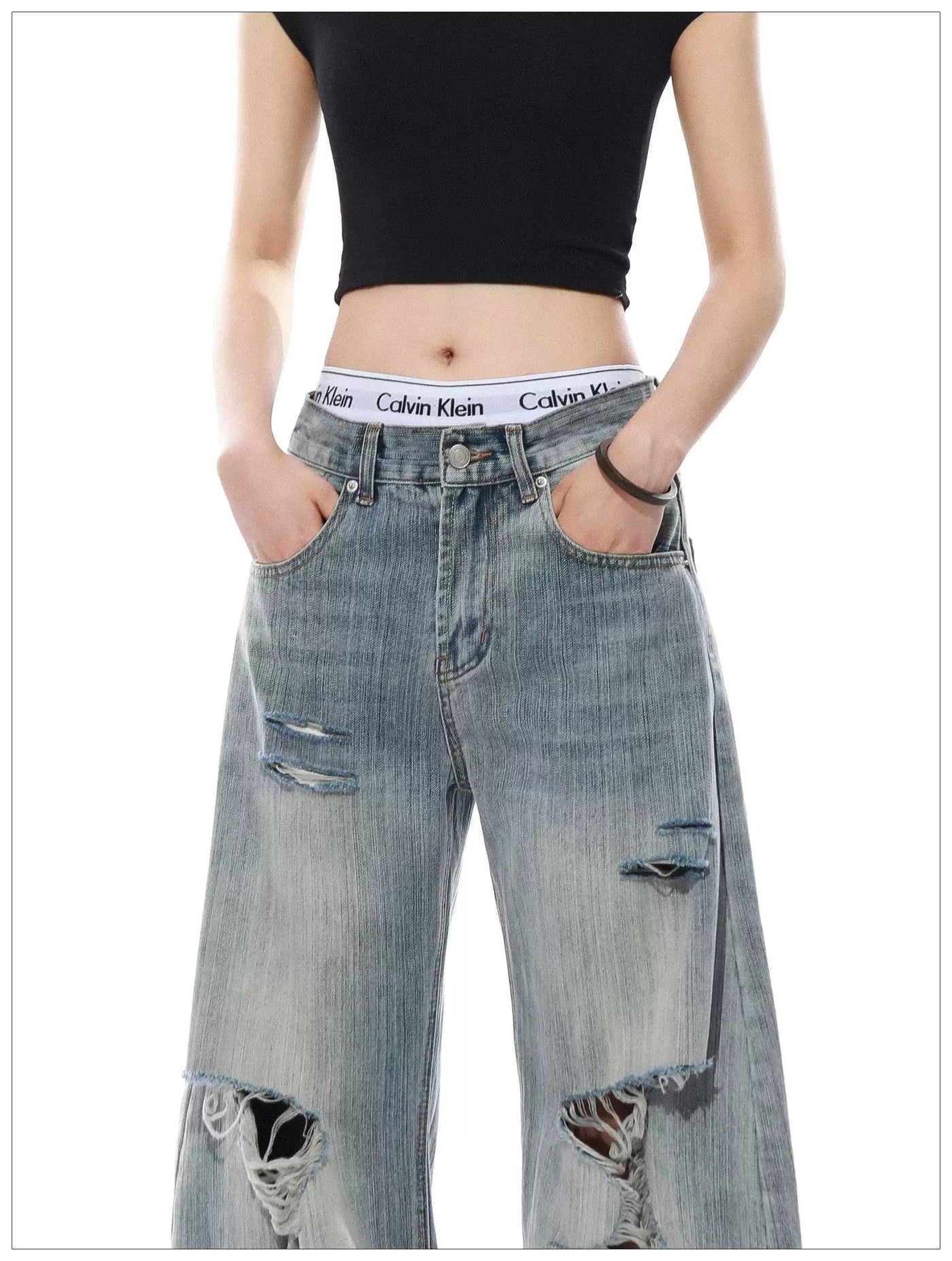 Textured Distressed Wide Jeans