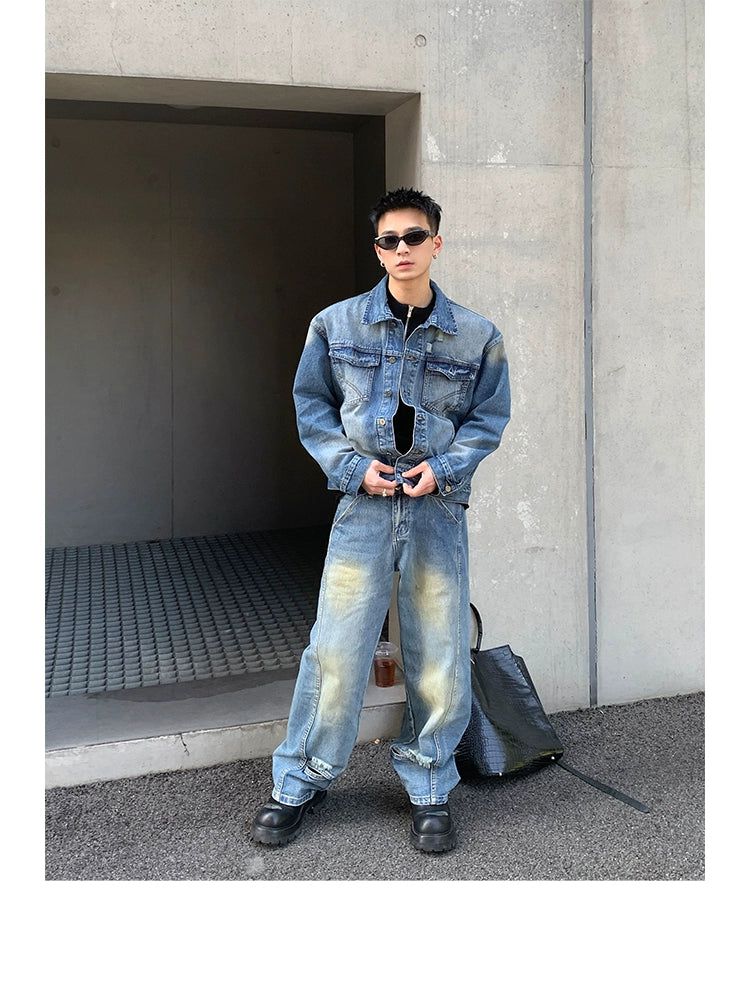 Washed Denim Jacket & Distressed Jeans Set