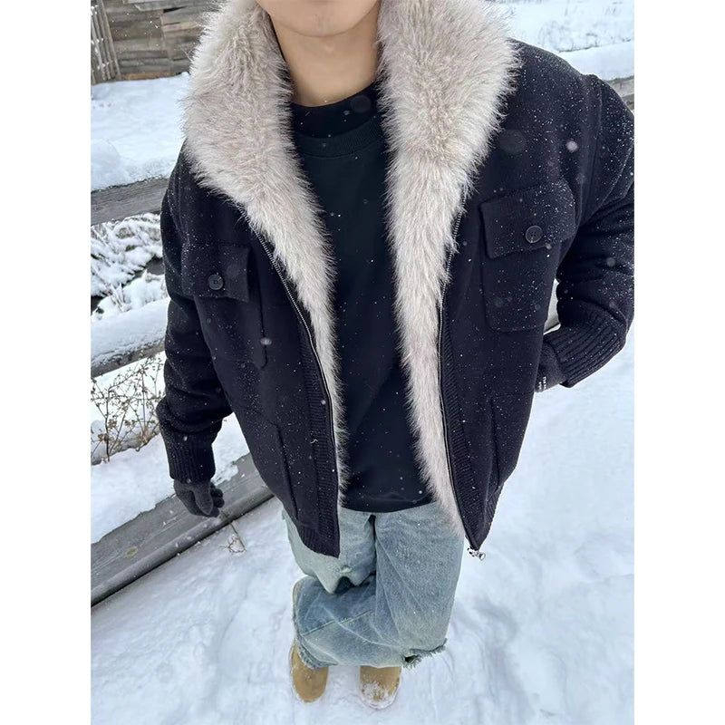 Breast Pocket Faux Fur Knit Jacket
