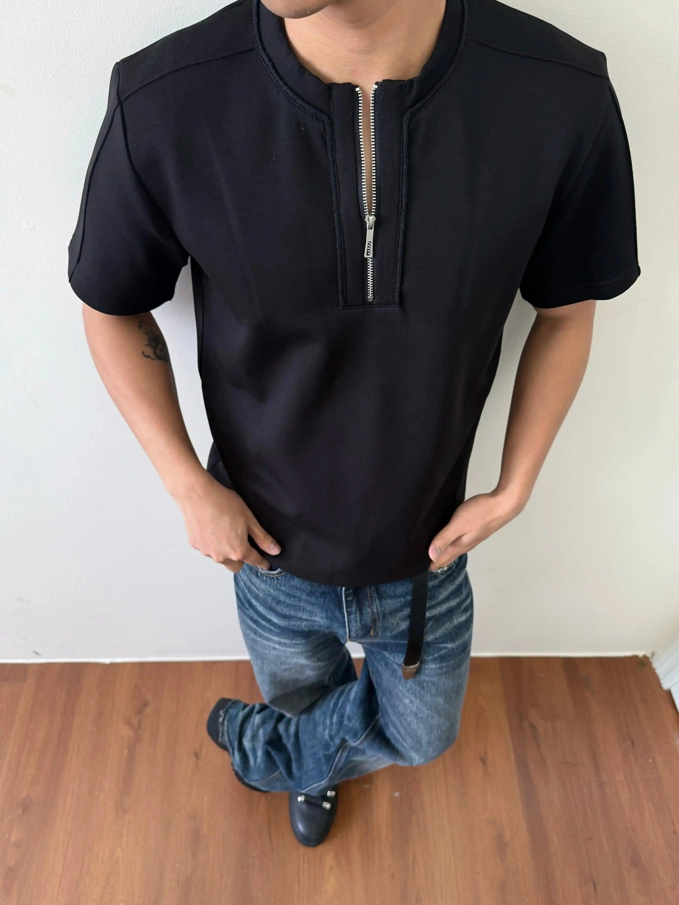 Half-Zipped Solid Color T-Shirt