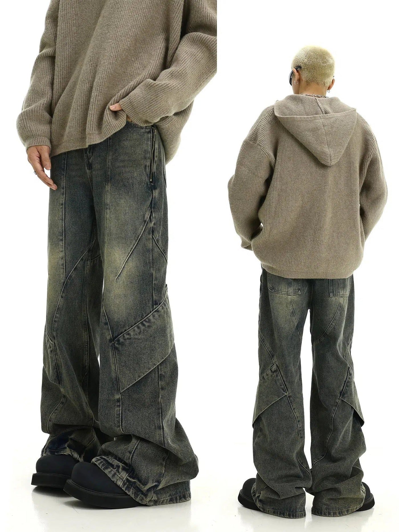 Irregular Spliced Wash Bootcut Jeans