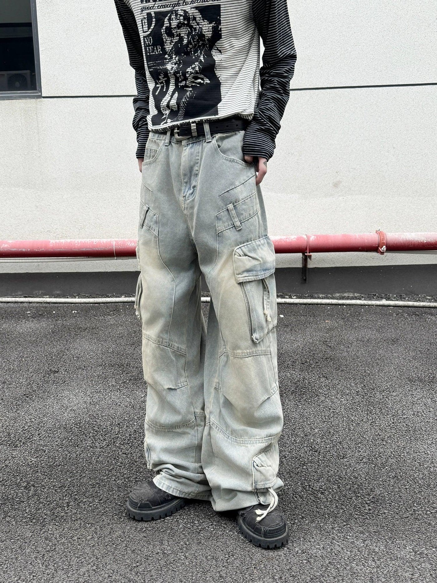 Multiple Detail Faded Jeans