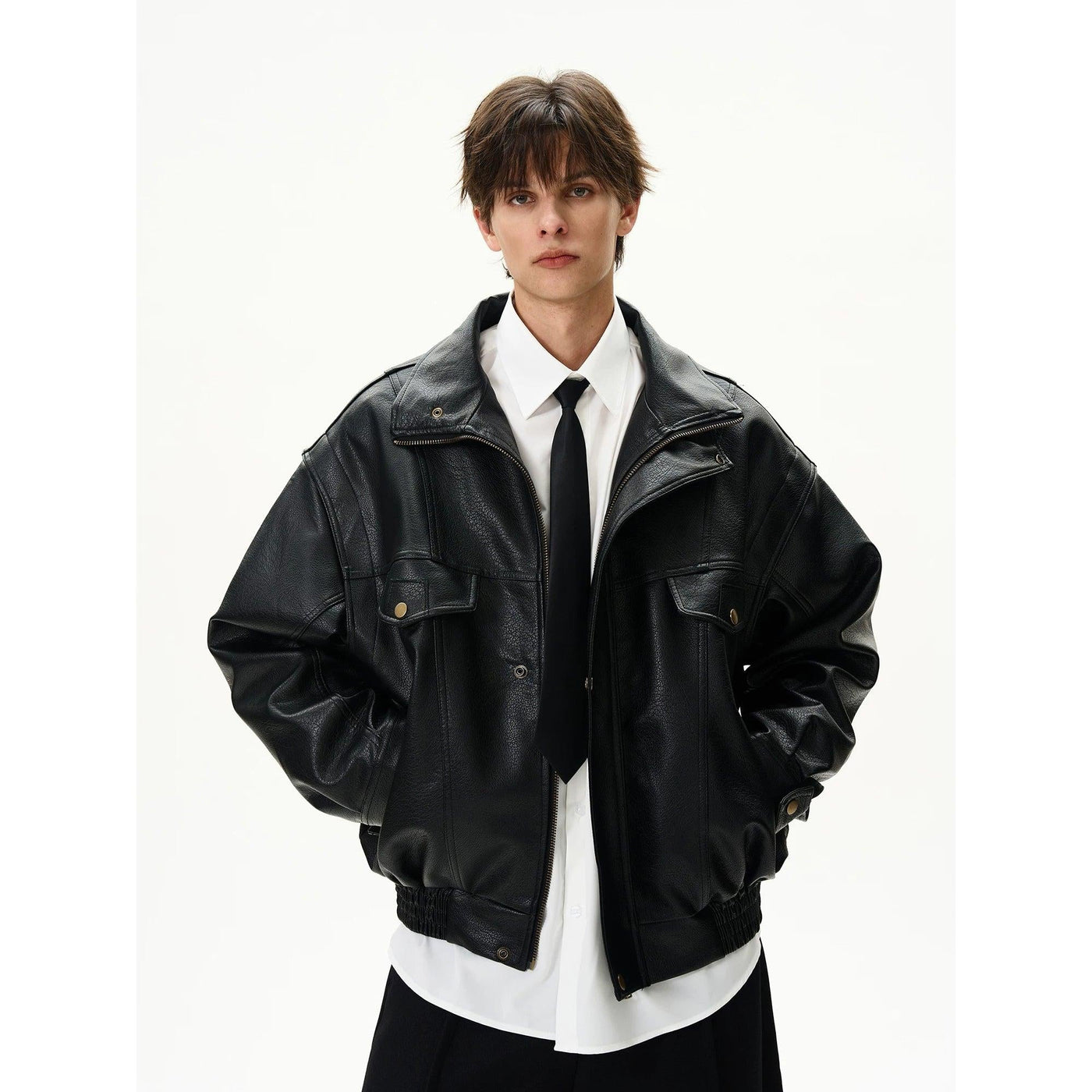 Snap Pockets Textured PU Leather Jacket