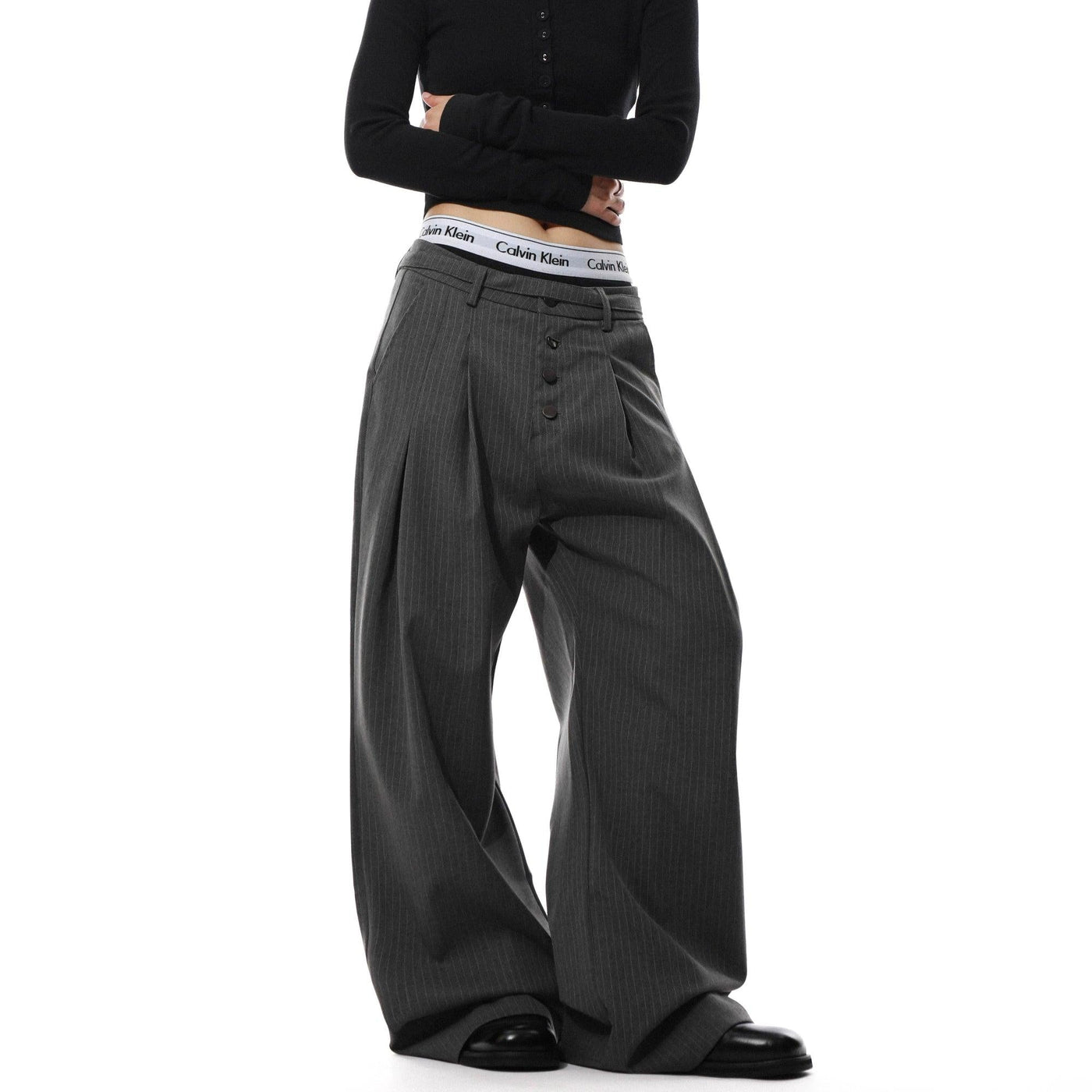 Vertical Stripes Button-Down Trousers