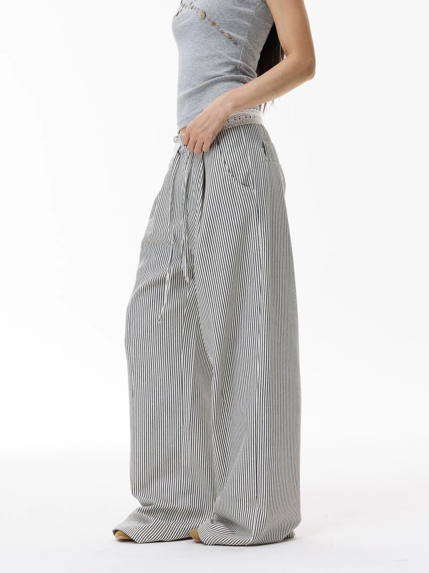 Drawstring Wide Leg Striped Pants