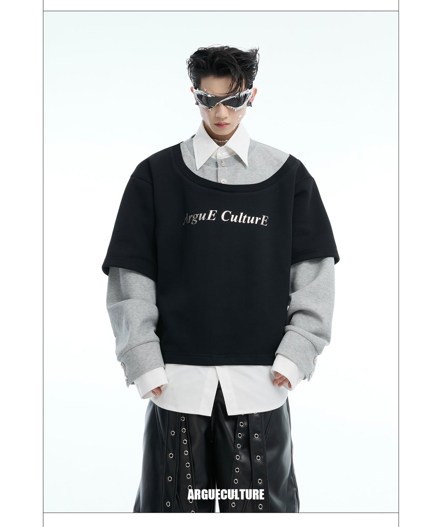 Three-Piece Contrast Collared Long Sleeve T-Shirt