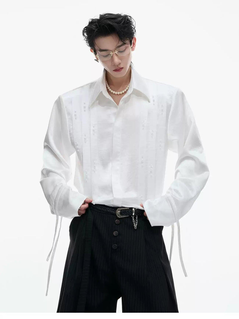 Pearl Details Pleated Sheer Shirt