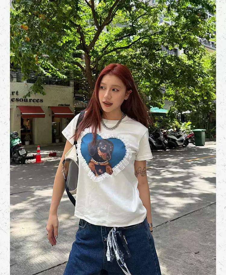 Laced Heart Dog Graphic Print T-Shirt