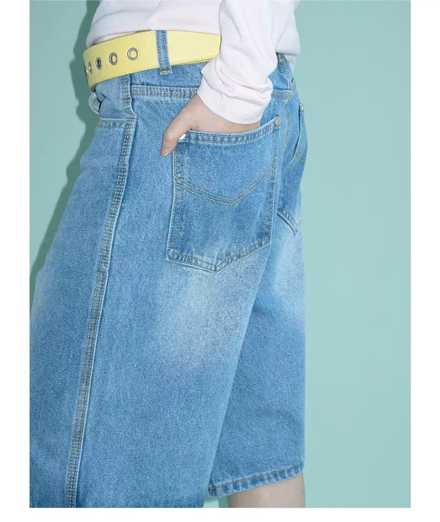 Wide Cut Faded Denim Shorts