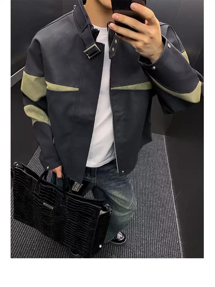 Contrast Buckled Strap Moto Jacket