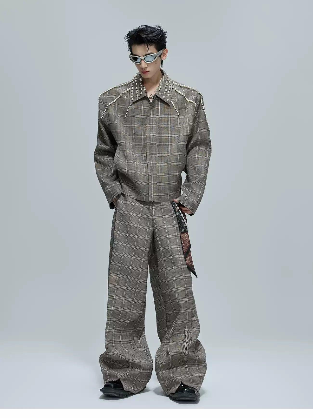 Pearled Line Checked Shirt & Wide Pants Set