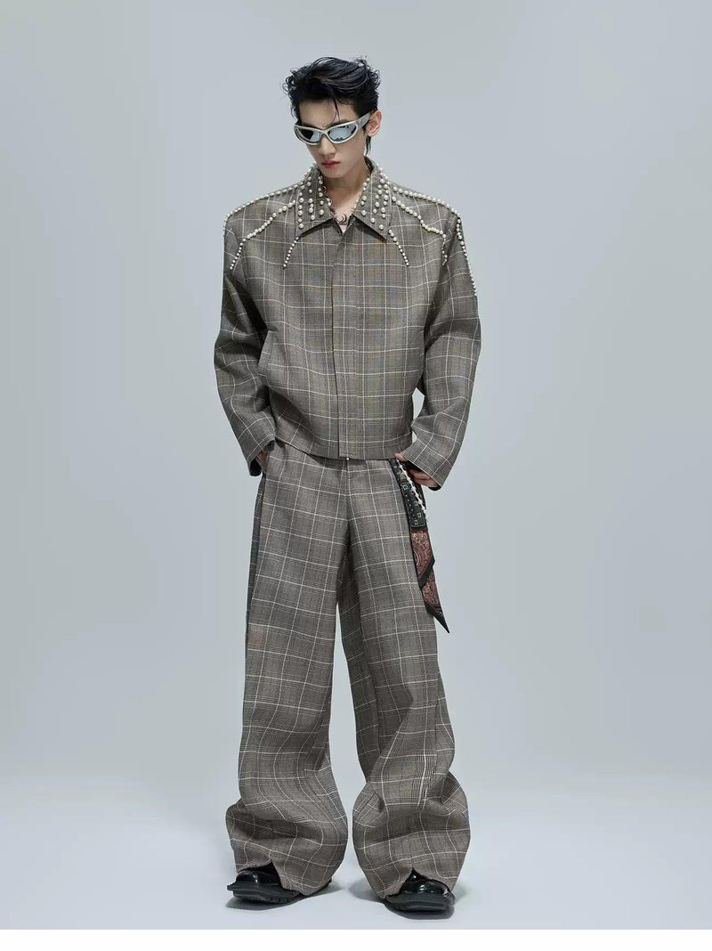 Pearled Line Checked Shirt & Wide Pants Set