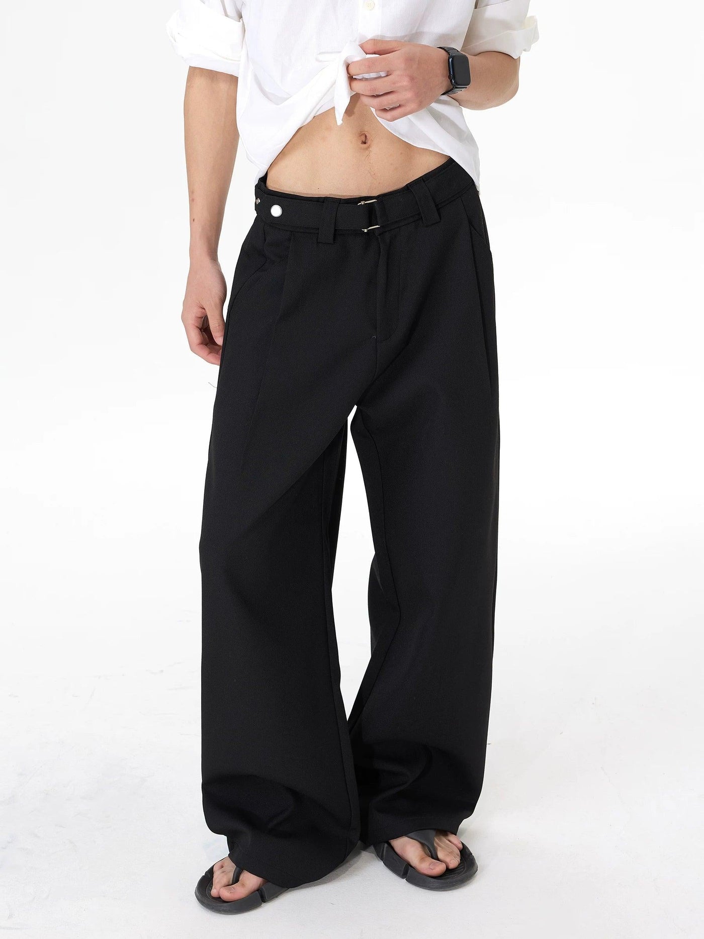 Pleated Belted Straight Leg Trousers