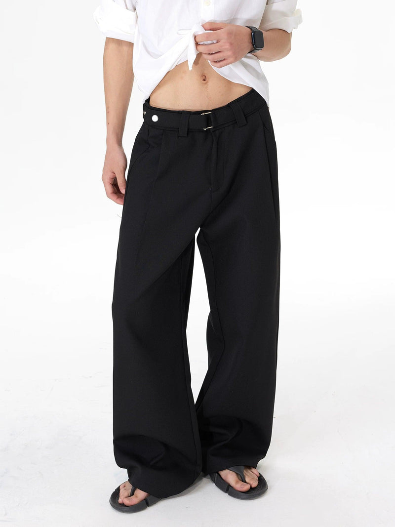 Pleated Belted Straight Leg Trousers