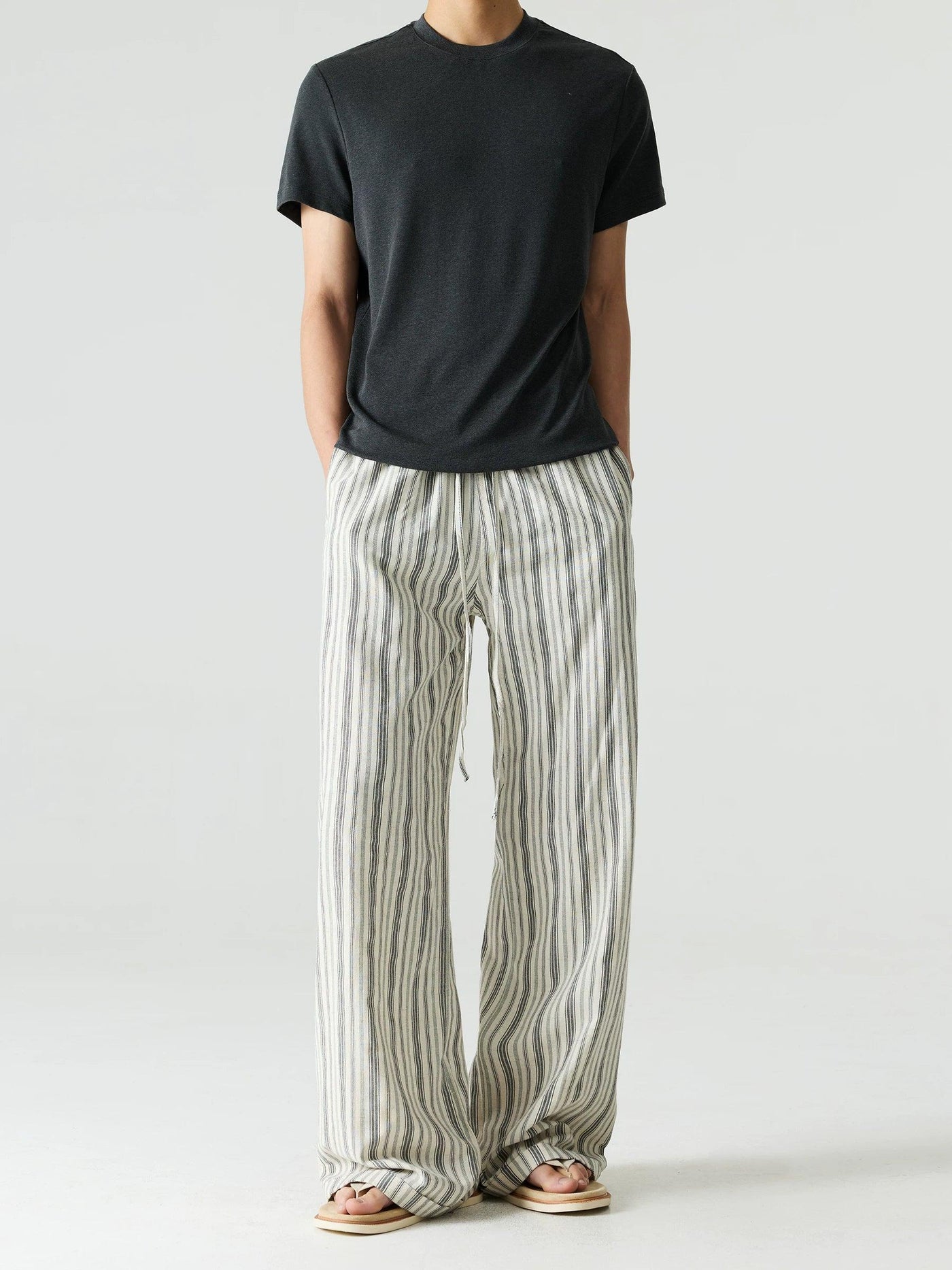 Linen Blend Striped Wide Leg Trousers
