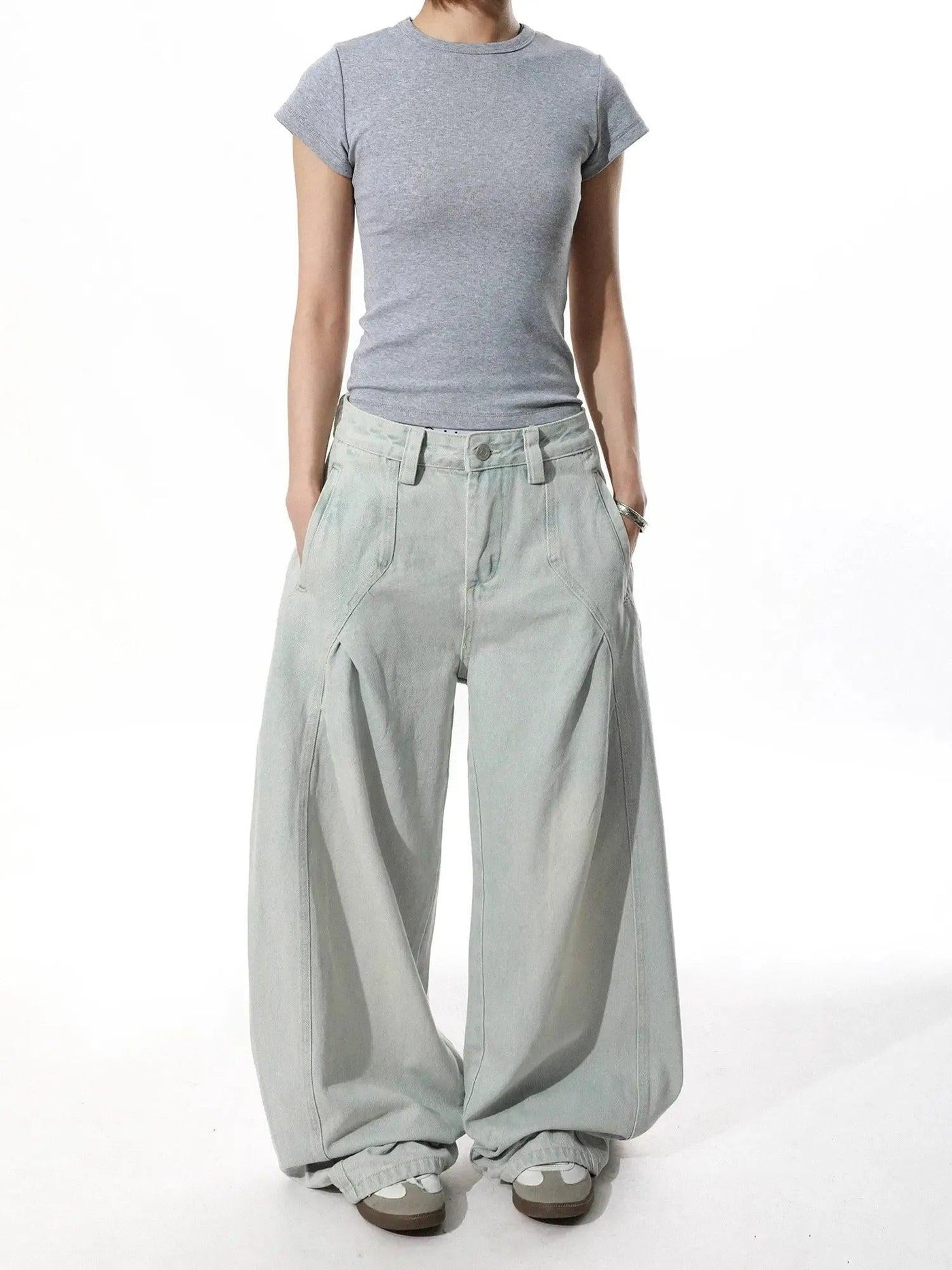 Vintage Pleated Acid Wash Wide Leg Jeans