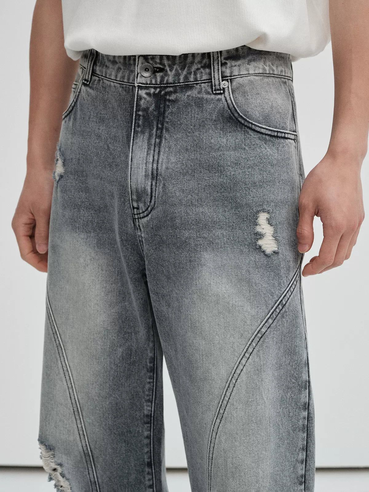 Irregular Distressed Spots Faded Straight Jeans