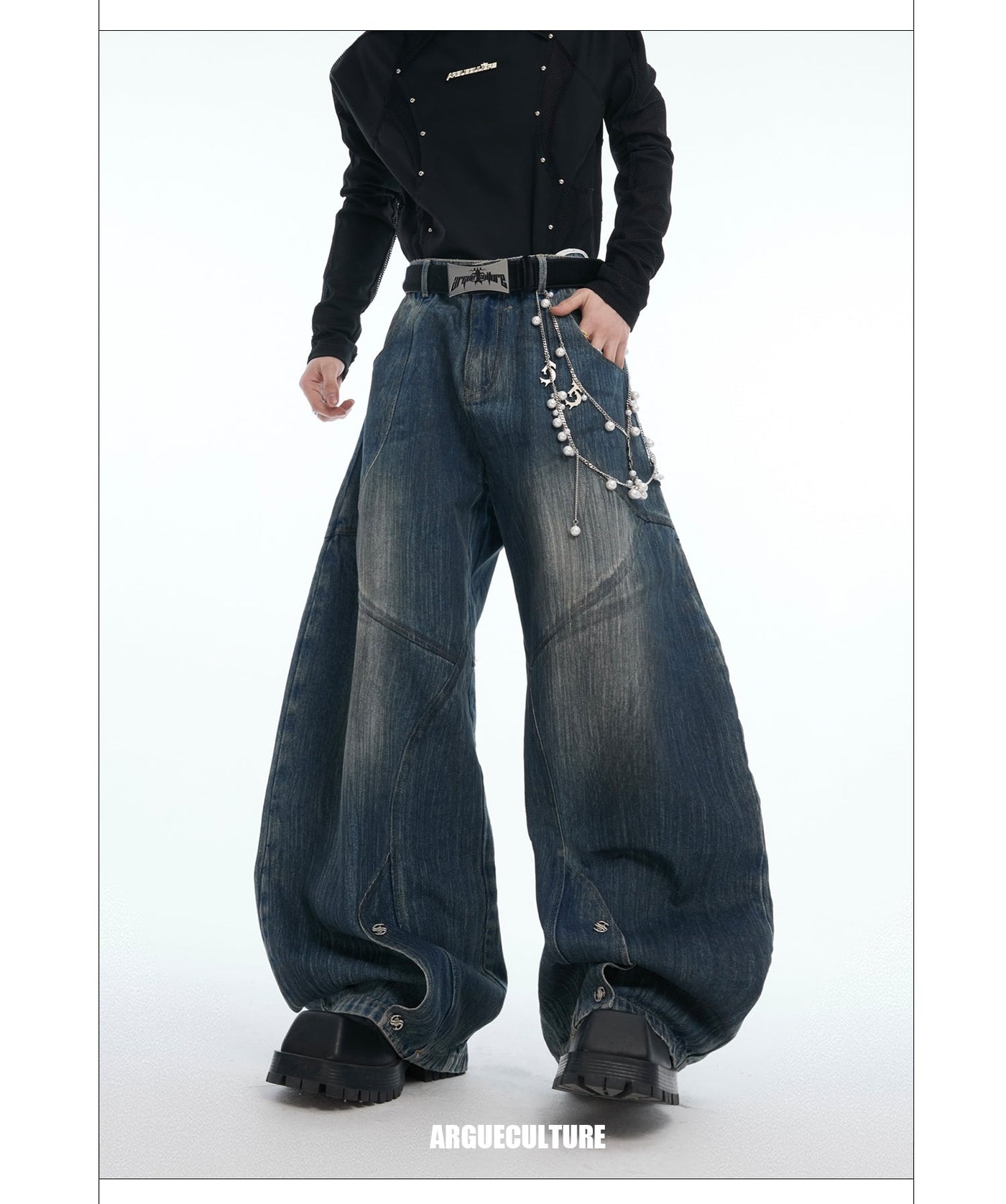 Heavy Wash Pearl Detail Wide Jeans