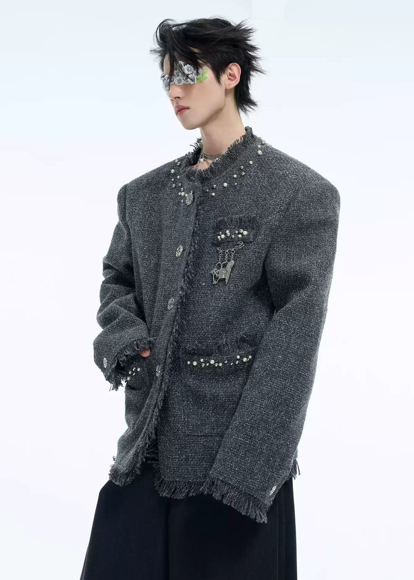 Pearled Frayed Textured Blazer