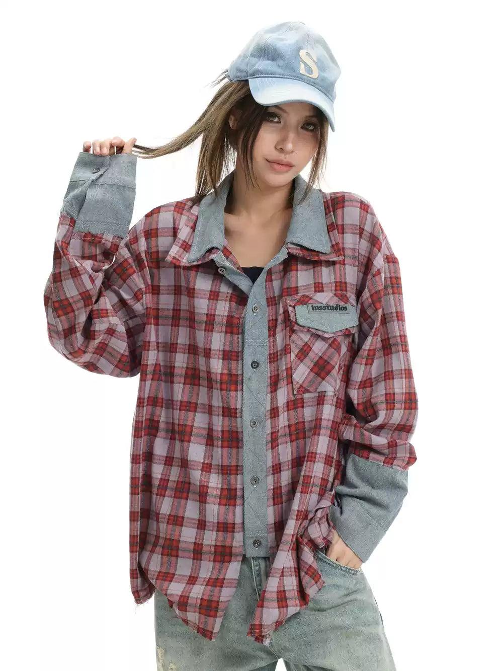 Denim Panel Plaid Shirt