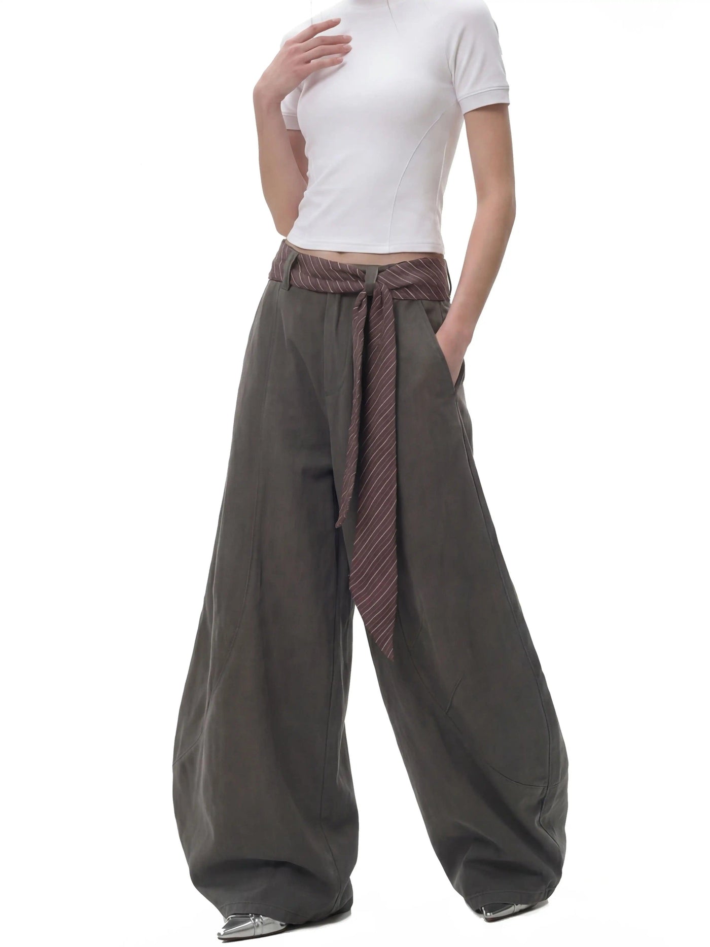 Plaid Belt Structured Wide Leg Pants