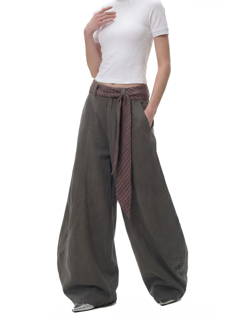 Plaid Belt Structured Wide Leg Pants