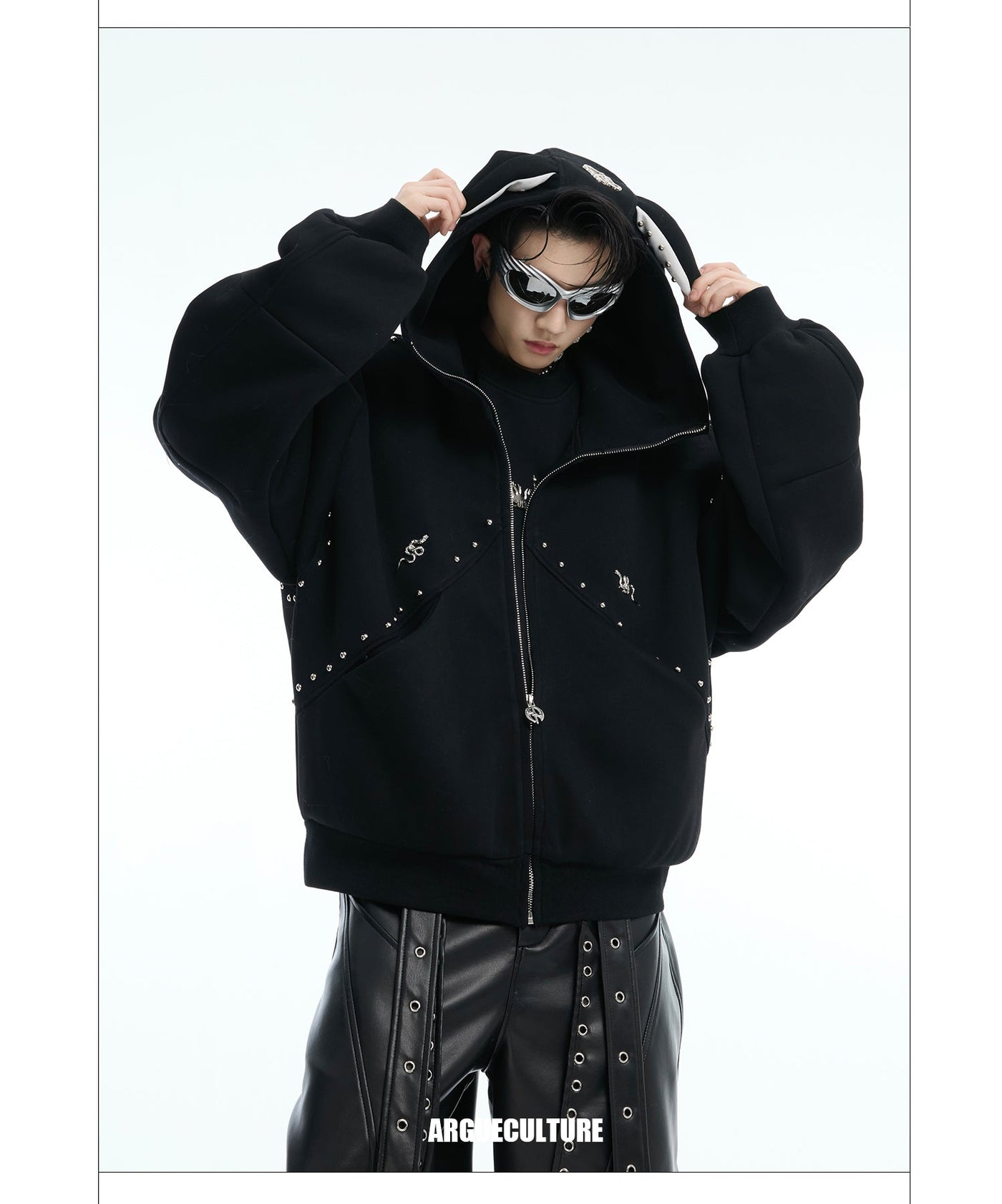 Stitched Rivet Doberman Zip-Up Hoodie