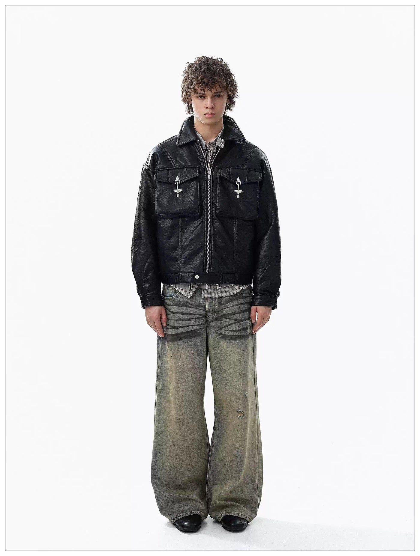 Embossed Pockets Textured PU Leather Jacket